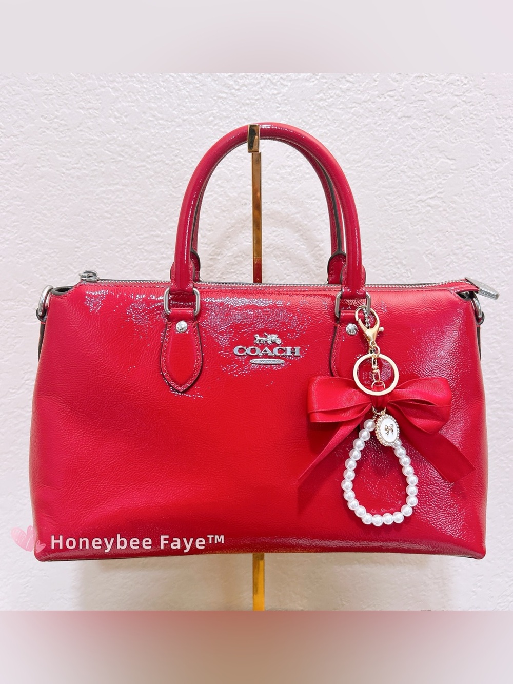 NWT COACH Georgia Satchel Bag CV942 red plus bow charm